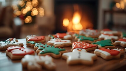 Festive Christmas Cookies with Holiday Lights and Fireplace for a Cozy Season