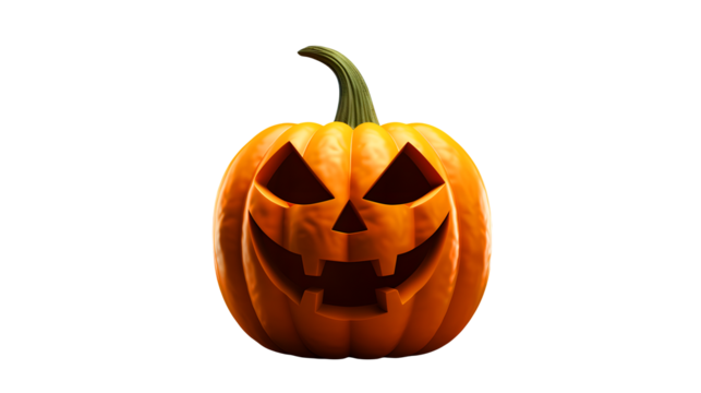A carved halloween pumpkin with a scary face and glowing eyes isolated on transparent background