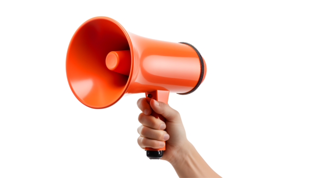 A hand holding a bright orange megaphone ready to make an announcement or spread a message isolated on transparent background