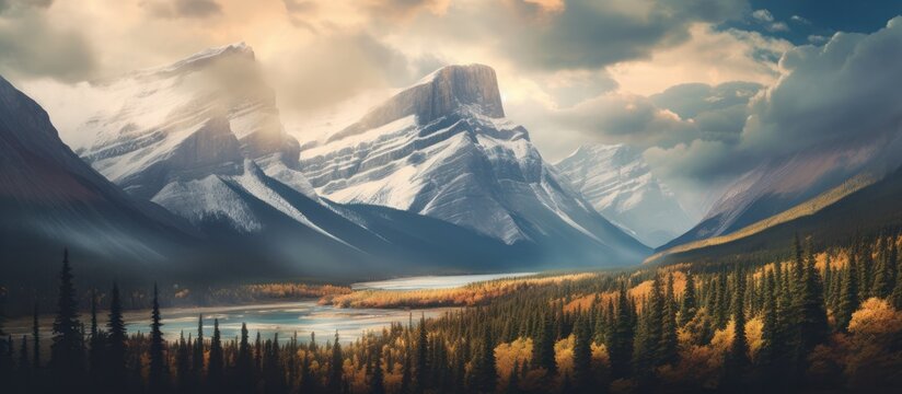 dramatic mountain landscape, majestic snow-capped peaks, vibrant autumn foliage, serene lake reflection, moody cloudy sky, digital art, highly detailed, cinematic, epic, dramatic lighting, award-winni