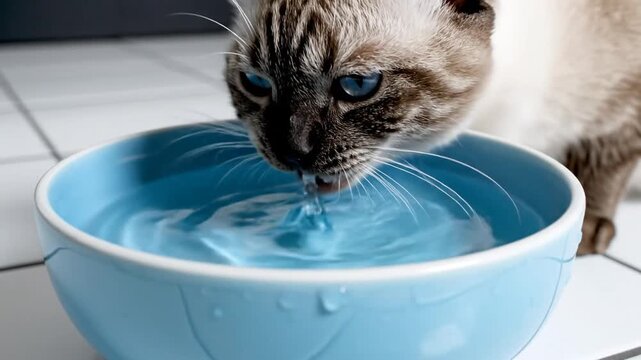Thirsty Siamese cat with striking blue eyes drinking fresh water from a light blue bowl, captured mid-sip with water ripples.