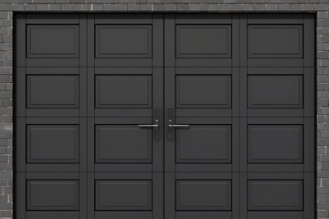 Black double garage door with large square panels in contemporary architectural design, ideal for modern home exteriors, residential construction, and real estate visualization projects