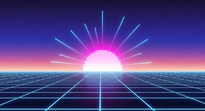 Retro 80s Synthwave Sunset Over Digital Grid Horizon Vaporwave Aesthetic Background