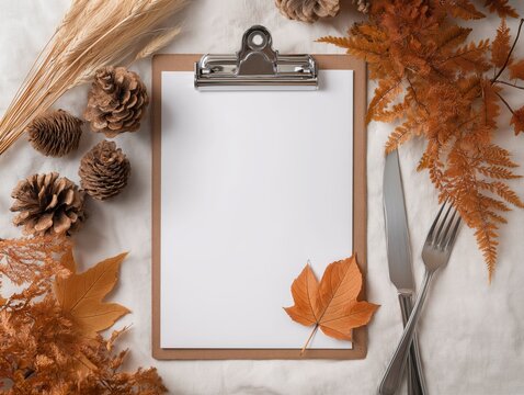 Create a stunning autumn harvest menu with this inviting blank clipboard surrounded by rustic wheat, pinecones, and foliage in warm seasonal tones