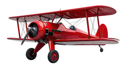 Bright red biplane featuring dual wings; centered perspective