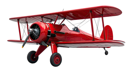 Bright red biplane featuring dual wings; centered perspective