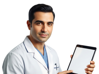 Smiling Male Doctor Healthcare Professional Holding Digital Tablet Medical Technology Expert