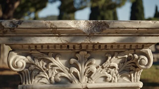 Close-up of an ancient marble column capital with intricate classical carvings and weathered details.
