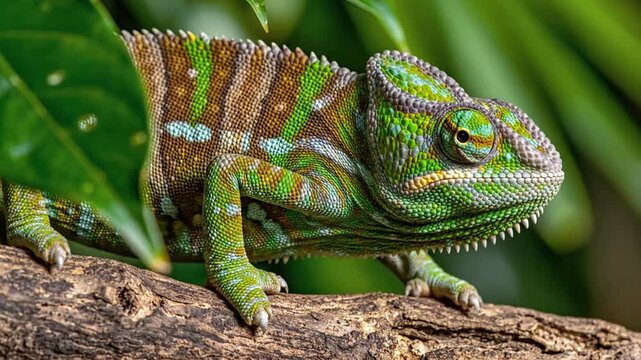 A vibrant green and brown chameleon perched on a tree branch, blending into its natural leafy environment.