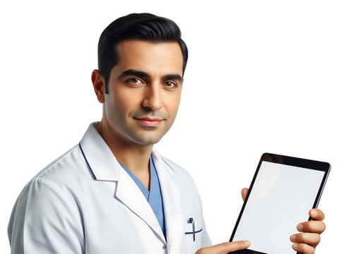 Smiling Male Doctor Healthcare Professional Holding Digital Tablet Medical Technology Expert