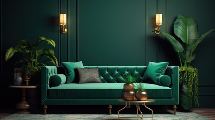 Obraz premium emerald green velvet tufted sofa, dark green walls, gold accents, hanging plants, brass lighting fixtures, moody atmospheric lighting, luxurious and elegant, interior design, studio photography 
