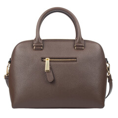 Elegant brown leather handbag with golden hardware on a clean white background.