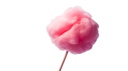 A fluffy pink ball of sweet spun sugar candy floss on a stick isolated on transparent background