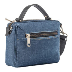 Stylish blue denim cross-body bag with black straps and silver zippers on white background.