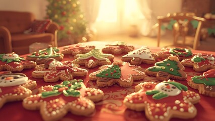 Festive Christmas gingerbread cookies arranged on a table with holiday decor