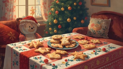 Festive Christmas Eve: Gingerbread cookies and Christmas tree in the living room