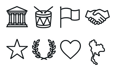 Set of eight symbolic icons including flag, drum, heart, star, and map outline on dark background