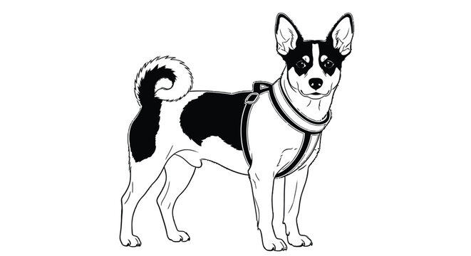Black and white basenji dog with harness illustration dog breed art