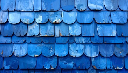 Close-up of weathered blue shingles, layered for architectural texture