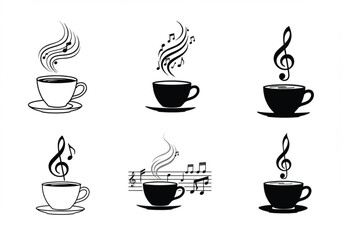 Creative coffee cup vector illustration with musical notes and steam art, black and white design, cafe melody concept, artistic beverage symbol