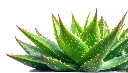 Green aloe plant with spotted leaves against black background
