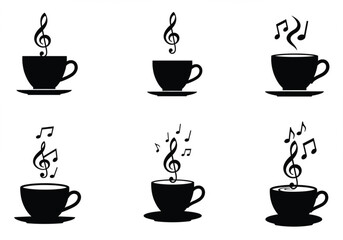 Musical coffee cup vector illustration, black and white silhouette of steaming hot drink with music notes, creative cafe design, melody morning concept