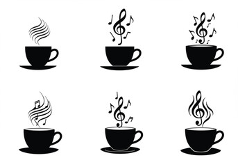 Music coffee cup vector illustration, black and white design with musical notes steam, cafe art concept, morning melody inspiration graphic