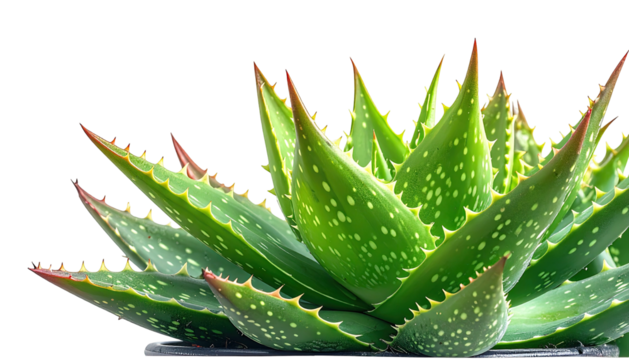 Green aloe plant with spotted leaves against black background