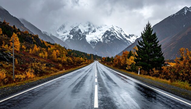 An endless road leads to a mountain range on a rainy day