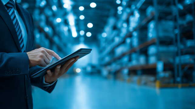 logistics manager with tablet, modern warehouse