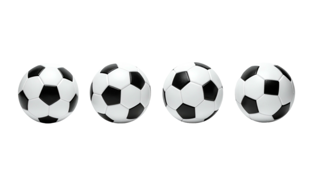 Four classic black and white soccer balls in a neat row