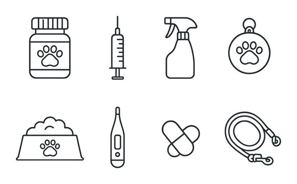 Pet care icons: medication, food bowl, leash, syringe, spray bottle, thermometer, collar