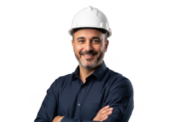Smiling man wearing a white hard hat isolated on transparent background