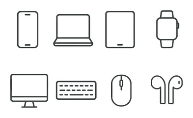 Digital devices: smartphone, laptop, tablet, smartwatch, keyboard, mouse, earbuds