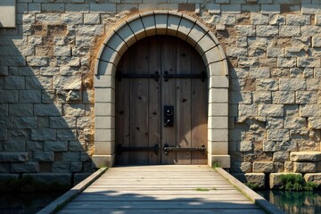 Fototapeta premium Rustic Wooden Double Doors Set in an Archway of a Stone Wall, Leading to a Wooden Footbridge Over a Tranquil Water Feature