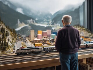 Senior man enjoys his model railway hobby with a scenic backdrop, lost in thought and reliving memories of youthful train adventures and travel dreams