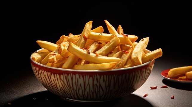 bowl of golden crispy french fries, detailed food photography, intricate textures, warm lighting, dark background, high contrast, cinematic lighting, appetizing, mouth-watering, delicious, tantalizing