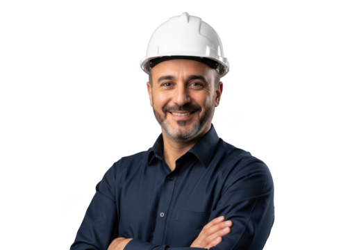 Smiling man wearing a white hard hat isolated on transparent background