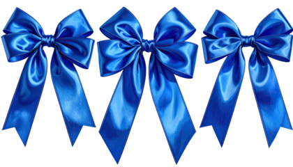 Three bright blue satin bows aligned in a row on black
