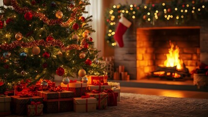 Festive christmas scene featuring a christmas tree and cozy fireplace ambience