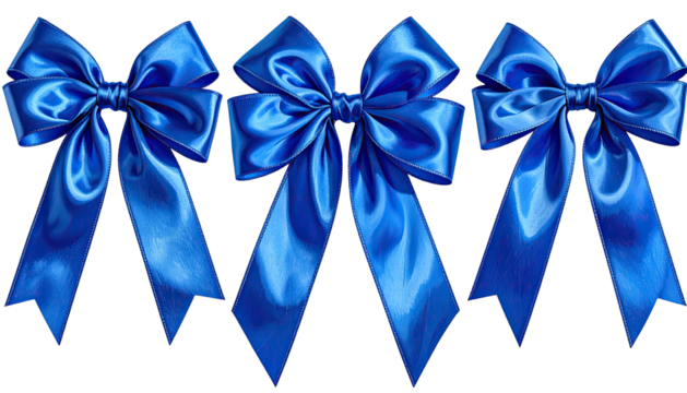 Three bright blue satin bows aligned in a row on black