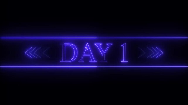 Purple Neon DAY1 Text with Blue Chevron Arrows on Dark Background day 1 glowing