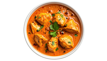 Chicken curry in white bowl, overhead, vibrant and delicious