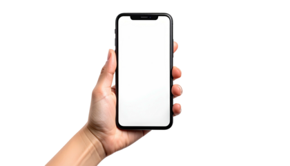 Hand holds smartphone with a blank white screen on black