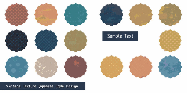 Collection of vintage textured circular shapes with japanese style design elements and sample text