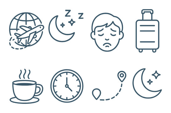 Jet lag icons: travel, sleep, and time adjustment concepts