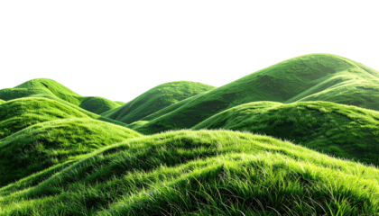 Lush, vibrant green grass covers rolling hills under a dark sky