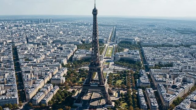Aerial view of the Eiffel Tower in Paris, France, cityscape.