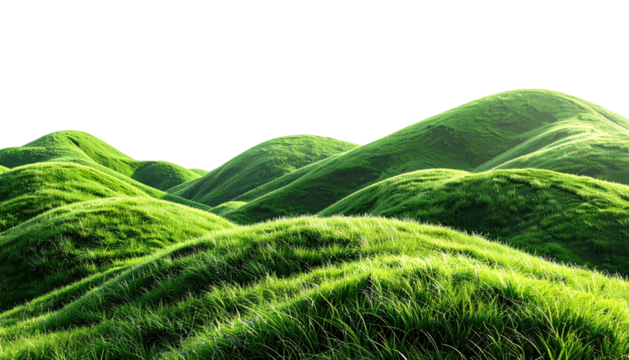 Lush, vibrant green grass covers rolling hills under a dark sky