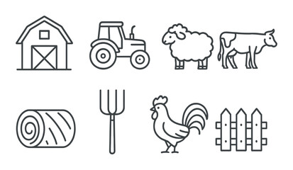 Farm icon set: barn, tractor, sheep, cow, hay, pitchfork, rooster, fence